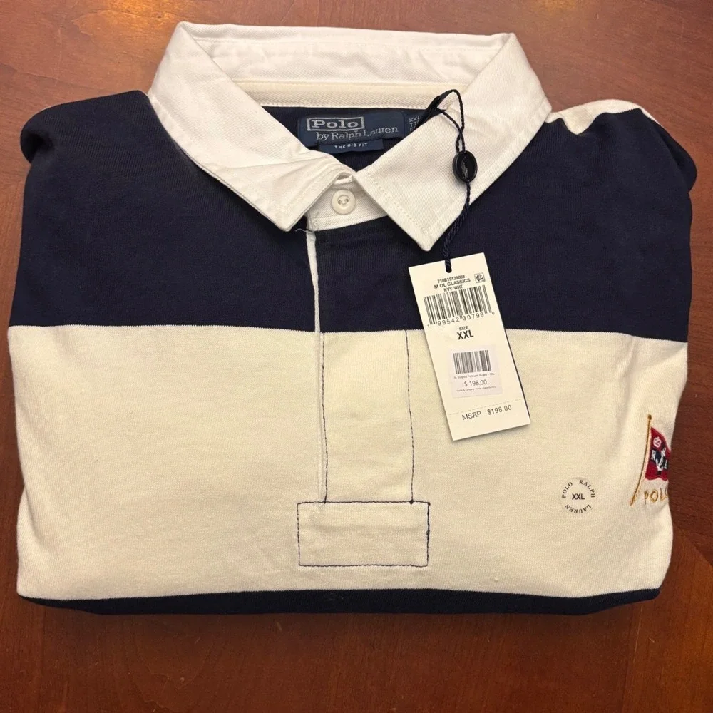 Polo Ralph Lauren M XXL NWT Oversized Fit Stripe Jersey Rugby Shirt Navy/White